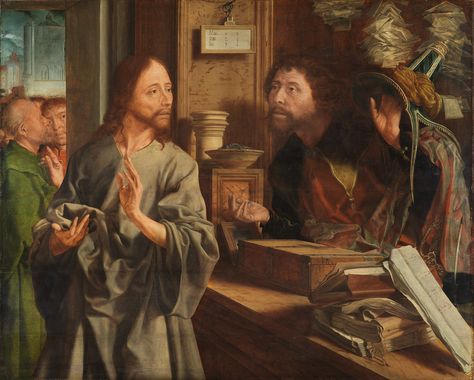 He said to him, “Follow me.” And he got up and followed him. (Matthew 9:9) // The Calling of Saint Matthew / La vocación de san Mateo // c.1530 // Marinus van Reymerswaele // ©Museo Thyssen-Bornemisza, Madrid // #Jesus #Christ #apostle The Calling Of St Matthew, Calling Of St Matthew, St Matthew, 16th Century Art, Saint Matthew, Hieronymus Bosch, Call Art, Oil Painting Reproductions, Art Historian