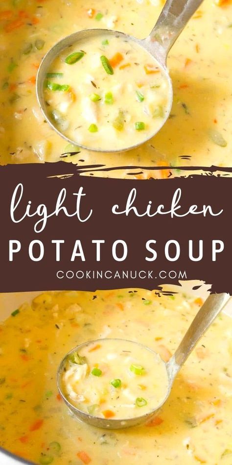 Ladle dipping into a saucepan with chicken potato soup. Healthy Soup Recipes Chicken, Potato Soup Healthy, Soup Recipes Chicken, Healthy Potato Soup, Soup Recipe Healthy, Chicken Potato Soup, Healthy Potato, Cream Of Potato Soup, Light Soups