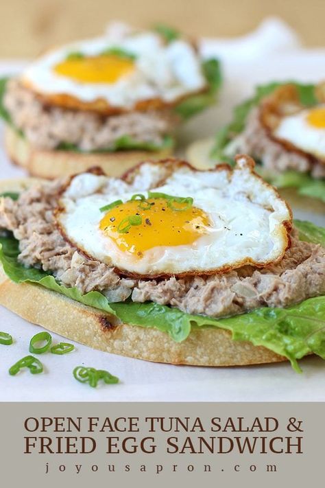 Open Face Tuna Salad and Fried Egg Sandwich - Sourdough bread topped with lettuce, tuna salad and a fried egg. The perfect lunch or light dinner! #tuna #lunch #egg #friedegg #tunasalad #sandwich  #seafood #healthy #vegetarian #light #recipe #joyousapron Tuna Lunch, Seafood Healthy, Joyous Apron, Fried Egg Sandwich, Roast Beef Sandwich, Simple Diet, Brunch Inspiration, Healthy Food Habits, Egg Sandwich