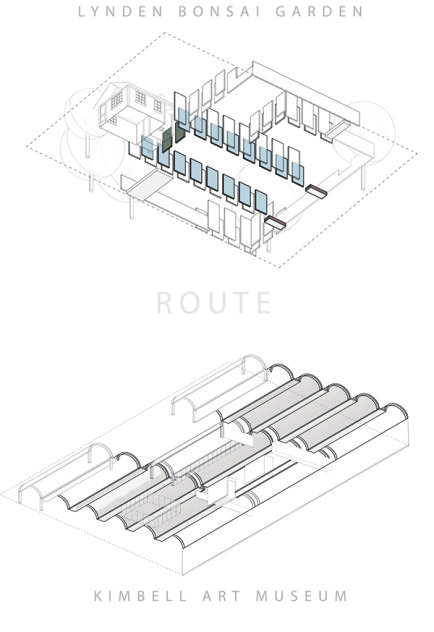 The route of the Kimbell Art Museum uses the barrel vaults of the ceilings in series to help articulate the space leading from the back garden to gallery.  The Bonsai Garden uses shifting walls to guild the route from the exterior to the central display area. Kimbell Art Museum, Museum Plan, Urban Design Graphics, Louis Kahn, Display Area, Bonsai Garden, Design Graphics, Back Garden, Urban Design