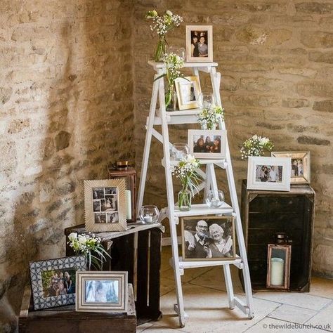 vintage wedding ideas to display family photos with ladder #wedding #weddings #weddingideas #himisspuff #ladder Wedding Photo Ladder, No Longer With Us Wedding, Family Wedding Photos Display, Generation Table At Wedding, Memory Ladder For Wedding, Memorial Ladder Wedding, Wedding Memorial Ideas Display, Memory Ladder Wedding, Memorial At Wedding Display