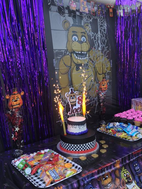 #FiveNightsatFreddys #BirthdayIdeas #FNAF #Decor #BirthdayIdeas #Birthday #Party #Decor for my sons 8 birthday. Fnaf 4 Bedroom, Fnaf Decor, Five Nights At Freddy's Party, Fnaf Cakes Birthdays, Fnaf Cake, Fnaf Birthday, Fnaf Party, Fnaf Crafts, 8 Birthday