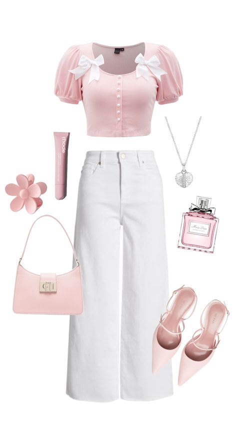 #pink #outfit #ootd #inspo #fyp #outfitcheck #couquette #pinkaesthetic #viral #fitinspo #fypshuffle #cutecore Light Pink And White Outfit Ideas, Pink Business Casual Outfits, Pink And White Outfit Ideas, Pink Crop Top Outfit, Pastel Pink Outfit, Uk Outfits, Pink And White Outfit, White Outfit Ideas, Light Pink Crop Top