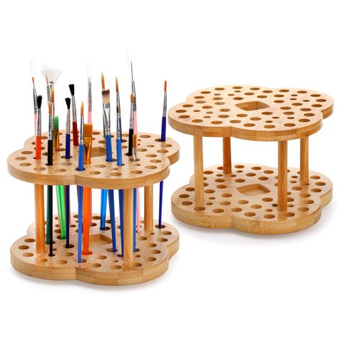 PRICES MAY VARY. Large Capacity Organizer: Package includes 2 pieces paint brush holder organizer. Each holder has 53 holes in total. 40 holes (0.47 inch) for normal paint brushes, 12 small holes (0.3 inch) for slender pens and 1 big square hole (1.3 x 1.3 inch) in the middle for other stuffs. 360° Rotating Brush Holder: Convenient 360° rotating paint brush display organizer allows you to easy rotate the holder and easily access the brushes, pencils or tools from all angles. High Quality Bamboo Paint Brush Storage, Art Supply Organizer, Drying Stand, Paint Brush Holder, Brush Stand, Brush Organizer, Paint Brush Holders, Art Supply Organization, Brush Storage