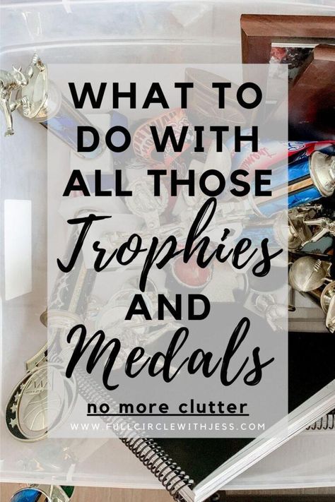 Do you have trophies and medals cluttering up your home? Come learn how I finally decluttered and organized my kids' trophies, but will still enjoy them for many years to come. No more trophy clutter! #trophieclutter #organize #trophyorganization Trophy Recycle Ideas, Trophy Plaque Display Ideas, Recycled Trophy Ideas, How To Display Trophies, Award Plaque Display Ideas, Trophy Organization, Old Trophy Ideas What To Do With, Plaque Display Ideas, Old Trophies Ideas What To Do With