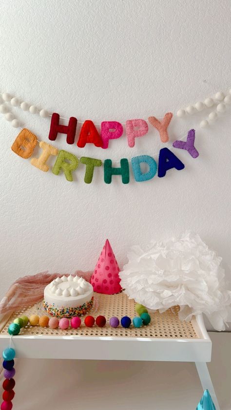 Happy Birthday Banner Birthday Garland, Birthday Decor, Felt Alphabets, Felt Banner, Neutral Birthday Decoration Banner, POM POM Garland - Etsy Reusable Happy Birthday Banner, Pom Pom Banner, Birthday Small Decoration, Homemade Decorations Birthday, Reusable Birthday Banner, Reusable Birthday Decor, Crafts With Streamers, Simple Birthday Balloon Decorations, Baby Birthday Ideas 1st