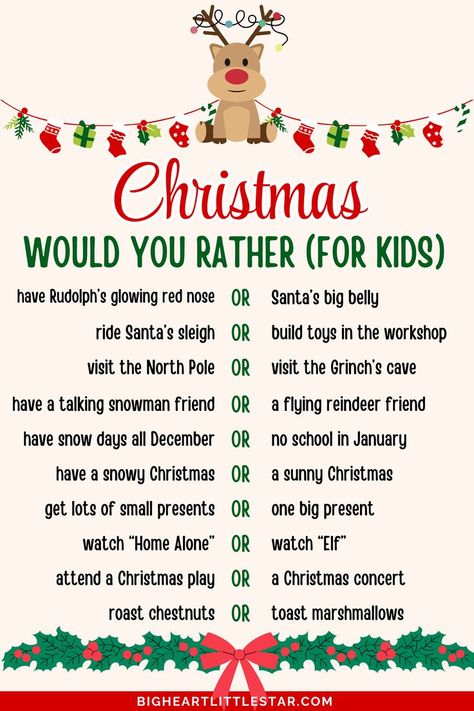 Looking for a kid-friendly Christmas game? These 50 Christmas-themed would-you-rather questions are a hit at family parties or with friends. This printable PDF adds laughs to every gathering, making holiday fun simple and memorable! holiday would you rather, Christmas would you rather questions, Xmas games, fun party games, questions for kids, Christmas party activities, funny would you rather. Christmas Outburst Game, Would You Rather Questions For Kids Christmas, Fun Christmas Games For Family Free Printable, Kids Christmas Would You Rather, Christmas Active Games, Would You Rather Christian Questions, Funny Would You Rather Questions Kids, Free Christmas Games For Kids, Outdoor Christmas Activities For Kids