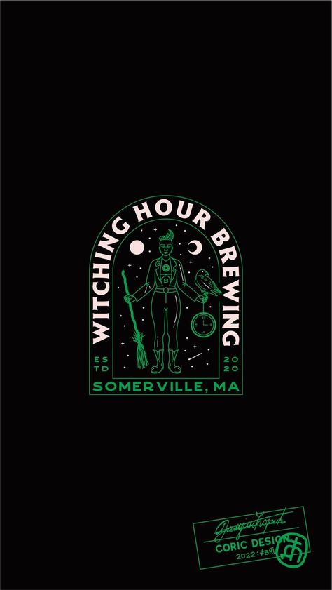 Brand identity project for a small witch-themed brewery in Somerville, MA. The client envisioned a flexible visual identity that would stand out on the shelves. We achieved this with an esoteric approach, celestial green hue & playful “witchy” details. The design was awarded in 2021 by 99designs in the category of Best Branding Design. #brandingdesign #craftbrewery #coricdesign Goth Branding Design, Dark Brand Identity, Witch Graphic Design, Celestial Branding, Witchy Branding, Witch Cafe, Esoteric Design, Best Branding Design, Dark Branding