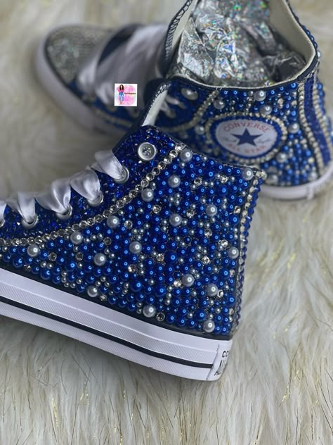 Custom Bling Converse All Star Chuck Taylor Sneakers. All designs handmade and embellished with a variety of high-quality crystals. Good for weddings, proms, homecomings, birthdays, special events or just your everyday girly girl. Shoe Details: Classic blue high-top Converse All Star Chuck Taylor Sneaker (Cloth material style) Shoe Size: starting at women's size 5 to women's size 12; Size availability may vary based on our supplier's current inventory. If your size is out of stock at the time of Sweet 16 Converse, Green Bling Converse, Quince Shoes Sneakers Blue, Badazzel Converse, Blue Rhinestone Shoes, Custom High Top Converse, Wedding Chucks Converse, Eras Tour Shoes Diy, Bejeweled Converse