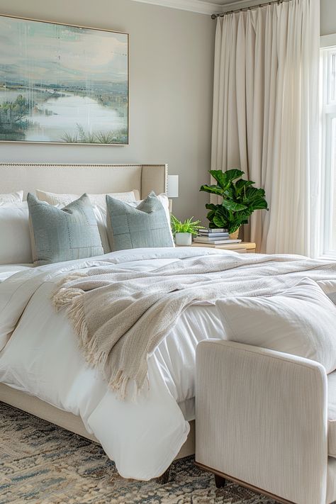 Transform Your Bedroom into a Serene Oasis with Elegant Neutrals & Blues Light Blue And Beige Bedroom, Warm Beige Bedroom, Pale Blue Bedrooms, Modern Farmhouse Bedrooms, Tan Bedroom, Boho Master, Light Blue Bedroom, Bedroom Revamp, Made Bed