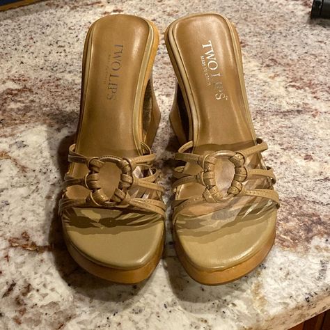 Never Worn/Still In The Original Box, Vintage Two Lips Leather Strap Sandals With A 4” Wooden Heel In Size 6 90s Women Shoes, 90s Y2k Fashion, Two Lips, Wooden Heels, Leather Strap Sandals, Vintage Sandals, Clothing Sketches, Shoes Heels Classy, Wedges Sandals