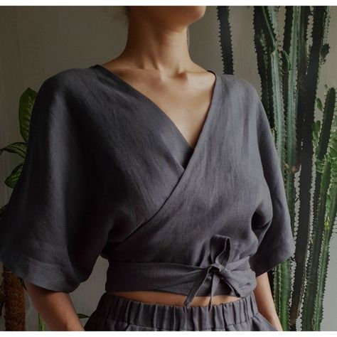 78b9cab19959e4af8ff46156ee460c74desc34832980ri Linen Wrap Top, Linen Kimono, Linen Crop Top, Linen Fashion, Wrap Crop Tops, Wrap Shirt, Modieuze Outfits, Linen Blouse, Wrap Blouse