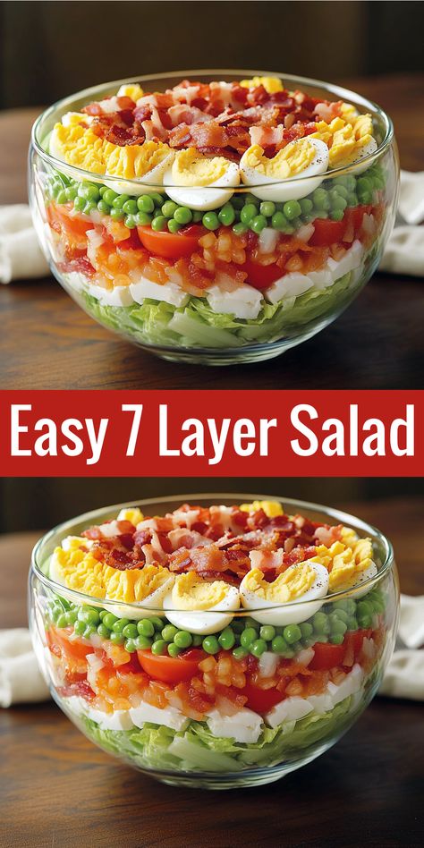 Try this easy 7 Layer Salad! Layers of fresh veggies, bacon, eggs, and cheddar cheese topped with a sweet mayo dressing. So simple and delicious! Seven Layer Taco Salad Recipe, Veggie Potluck Ideas, Layered Salads For Parties, 7 Layer Salad Recipe Classic, 7 Layer Salad Dressing, 7layer Salad, Layer Salad Recipes, Seven Layered Salad, Marshmellow Salad