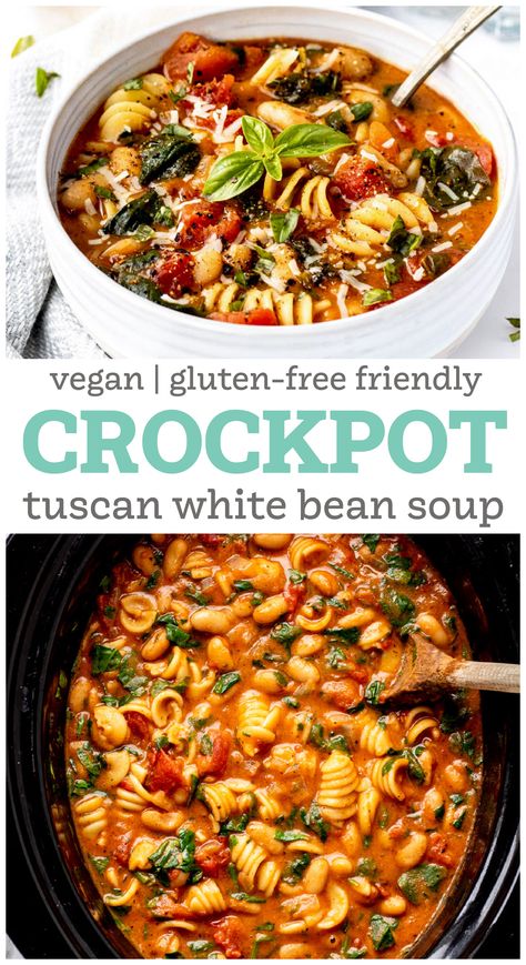 Time to cozy up with this delicious Tuscan white bean soup! Made in the crockpot, this vegan soup is made super creamy with a coconut milk and sun-dried tomato base, and bulked up with pasta, white beans and fresh spinach for a healthy and satisfying Italian-inspired meal. {Vegan and gluten-free friendly} Italian White Bean Soup, Beans Crockpot, Pasta Crockpot, Soup With White Beans, Soup With Pasta, Tuscan White Bean Soup, Tuscan White Bean, Vegan Slow Cooker Recipes, Vegan Crockpot Recipes