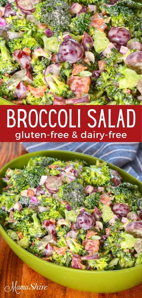 You'll love this easy to make broccoli salad with grapes. With red onions and bacon added this salad is bursting with flavor. Healthy and delicious! Gluten-free and dairy-free. #broccolisalad #broccolisaladwithgrapes #broccoliwithbacon #glutenfreedairyfree Broccoli Salad With Grapes, Creamy Broccoli Salad Recipe, Dairy Free Thanksgiving, Creamy Broccoli Salad, Salad Recipes Gluten Free, Salad With Grapes, Dairy Free Appetizers, Healthy Broccoli Salad, Dairy Free Salads