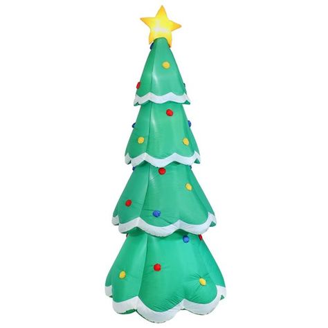 Set up a Christmas tree in just a few minutes in your yard with this pre-lit inflatable holiday decoration! This tall inflatable Christmas tree towers at an astounding 9.5 foot to catch the attention of holiday guests and passersby. The green tree features snow-covered branch tips, a shining yellow star on top, and colourful bulbs throughout to add a traditional Christmas look anywhere outside. The 5 built-in LED lights illuminate the tree and the star at night. This outdoor inflatable has a sandbag in the base and comes with 6 stakes and 3 tethering ropes to keep the inflatable from blowing over. The inflatable also includes a built-in 12 V blower fan and a 12 V UL adapter plug in to inflate this outdoor decoration quickly. The Christmas tree inflates in about a minute; simply plug in the Star At Night, Inflatable Christmas Tree, Outdoor Christmas Tree, Pre Lit Christmas Tree, Outdoor Inflatables, Christmas Look, Yellow Star, Christmas Inflatables, Green Christmas Tree