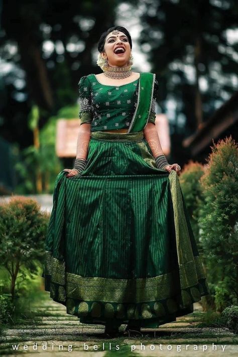 If you are looking for more such bridal lehengas in the hues of Green, head to our blog for more Ideas. Click on the link attached below.  #indianwedding #shaadisaga #intimatewedding #bridallehenga #bridalfashion #greenlehenga #pastelgreenlehenga #embroideredlehenga #weddinglehenga #indianweddingtrends Kerala Engagement Lehenga, Engagement Hairstyles For Lehenga, Hairstyles For Lehenga, Kerala Engagement Dress, South Indian Wedding Saree, South Indian Bride Saree, Engagement Lehenga, Lehenga Saree Design, Engagement Hairstyles