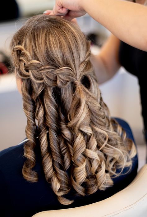 Half Up Half Down Braided Curls #hellolovelybride #hellolovelykc #braid #weddinghair #weddinginspiration #weddinginspo #stylist #hair #kansascity #kansascitywedding #planning #curls #halfuphalfdown Bridesmaid Hairstyles Half Up Half Down Braid Curls, Hairstyles For Confirmation Curls, Prom Hair Half Up Half Down Curly Braid, Half Up Chunky Braid, Braid And Twist Half Up Half Down, Cute Braided Hairstyles Half Up Half Down, Hair Ideas For Bridesmaids Half Up Braid, Half Up Braid With Curls, Cute Bridesmaid Hairstyles Medium Hair