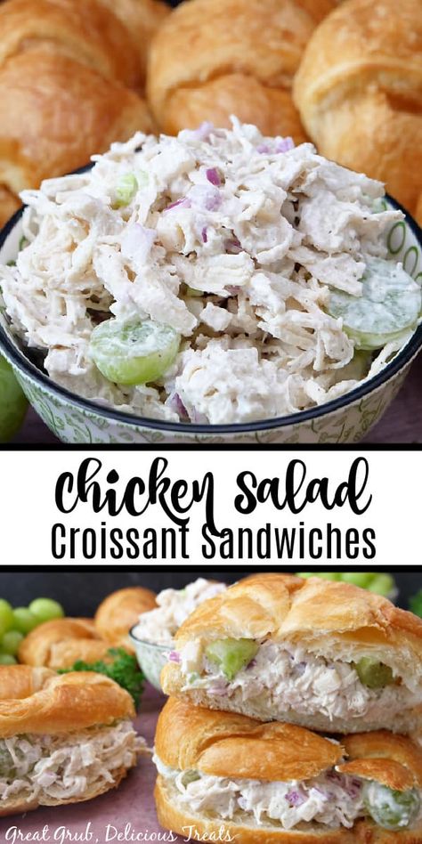 Chicken Salad Croissant Sandwiches are a creamy and delicious chicken salad recipe that is perfect for brunch, lunch, or mini appetizers. Crossiant Chicken Sandwich, Best Mini Sandwiches, Brunch Chicken Salad, Chicken Salad Crossant Recipes, Chicken Salad And Croissants, Costco Crossiant Sandwiches, Croissants Sandwiches Ideas, Chicken Salad Sandwich On Croissant, Chicken Salad Croissant Sandwich Mini