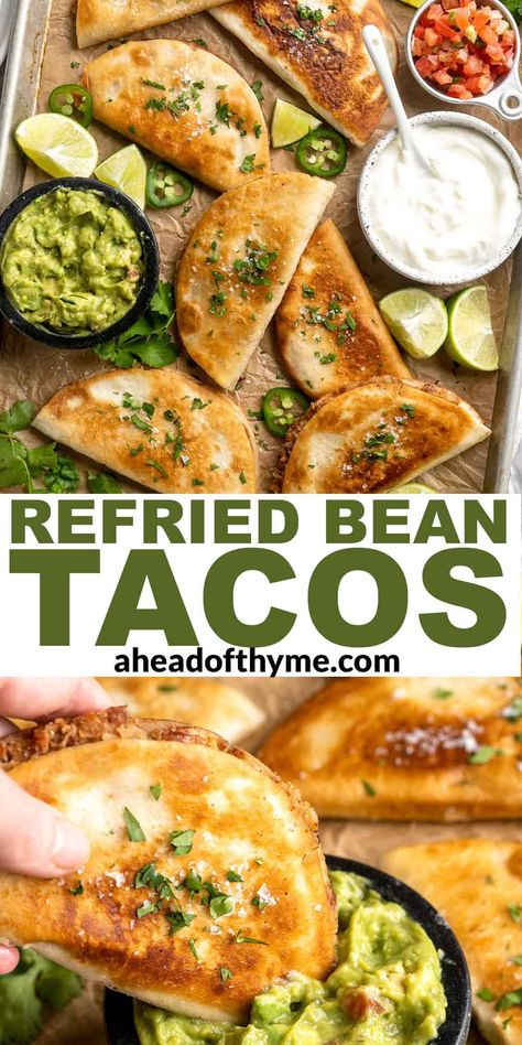 These Crispy Refried Bean Tacos made with crispy, golden-brown tortillas, perfectly seasoned refried beans, and a handful of your favorite garnishes will have you hooked! Made from scratch in less time than it takes to order takeout, you’ll want to make these again and again. All of the ingredients for these refried bean tacos are common pantry staples you probably already have on hand. | aheadofthyme.com #crispytacos #beantacos via @aheadofthyme Fried Bean Tacos, Refried Beans Tacos, Crispy Bean Tacos, Refried Bean Dinner Ideas, Pinto Bean Tacos, What To Make With Refried Beans, Recipes Using Refried Beans, Refried Beans Recipe Meals, Bean Tacos Recipes