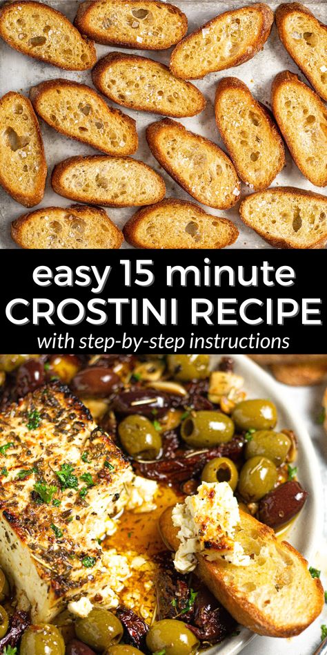 This quick and easy crostini recipe requires just 3 ingredients - baguette, olive oil, and salt - and takes about 15 minutes from start to finish. Making crostini at home is easier than you might think. And freshly made crostini tastes SO much better than the version you'll find at the grocery store! Homemade Crostini, Wisconsin Beer Cheese Soup, Crostini Bar, Easy Crostini, Crostini Toppings, Crostini Recipe, Crostini Appetizers, Italian Diet, Crostini Recipes