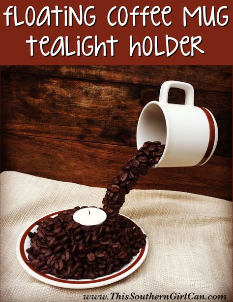 Make this cute floating coffee mug tealight holder with just a handful of supplies! Dollar Tree Coffee Mug Holder, Primitive Christmas Decorating Ideas, Coffee Baby Shower, Bean Art, Coffee Bean Art, Floating Cups, Coffee Cups Diy, Primitive Christmas Decorating, Coffee Mug Holder