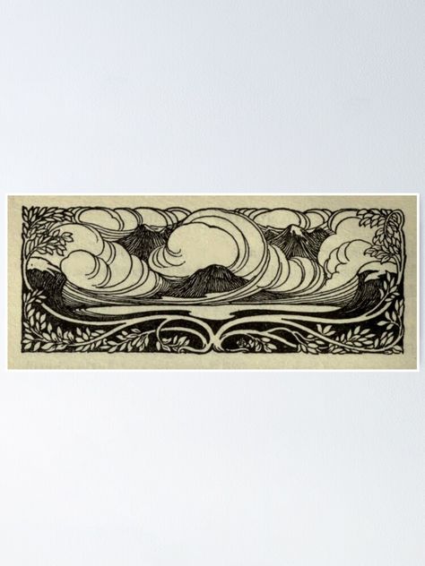 "Art Nouveau Mountains" Poster by bluespecsstudio | Redbubble Linocut Art Nouveau, Art Nouveau Mountain, Art Nouveau Linocut, Art Nouveau Clouds, Art Deco Tattoos, Art Nouveau Borders, Art Nouveau Landscape, Art Nouveau Tree, Art Nouveau Flowers Illustration