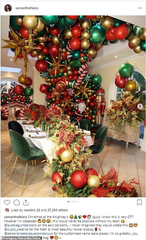 Christmas Party Room Decorations, Christmas Decor With Balloons, Extravagant Christmas Decor, Extravagant Christmas Party, Ballon Decorations For Christmas, Company Christmas Party Decorations, Over The Top Christmas Decor, Holiday Balloons Christmas Decorations, Christmas Decor Ideas Ballons