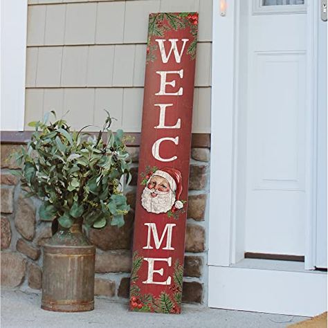 Christmas Signs Wood Front Porches, Board Welcome Sign, Welcome Sign Porch, Front Porch Deck, Porch Leaners, Outdoor Farmhouse, 2023 Ideas, Wooden Door Signs, Porch Welcome Sign