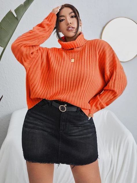 Orange Sweater Outfit, Rib Knit Sweater, Affordable Plus Size Clothing, Family Photoshoot Outfits, Comfy Jumpsuits, Plus Size Pullover, Orange Sweater, High Neck Designs, Orange Outfit