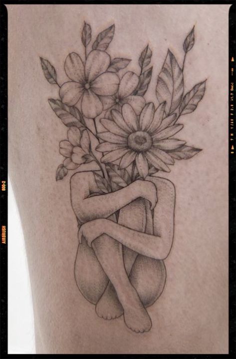 Woman With Flower Hair Tattoo, Self Hug Tattoo, Hair Tattoo Girl, Tattoo Perna, Empowering Tattoos, Heaven Tattoos, App Filter, Tattoo Shading, Self Love Tattoo