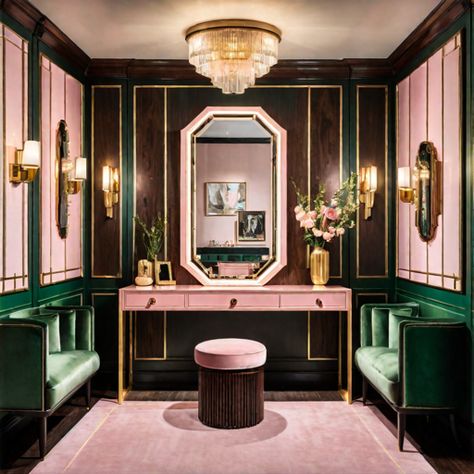 See what I created with Hotpot.ai: A dressing room with a vanity, art deco style, light pink, green, and gold tones with dark wood, gallery wall Art Deco Dressing Room, Wood Gallery Wall, Deco Dressing, Post Apocalyptic City, Avatar Cosplay, Color Generator, Vanity Art, App Store Icon, Colorized Photos