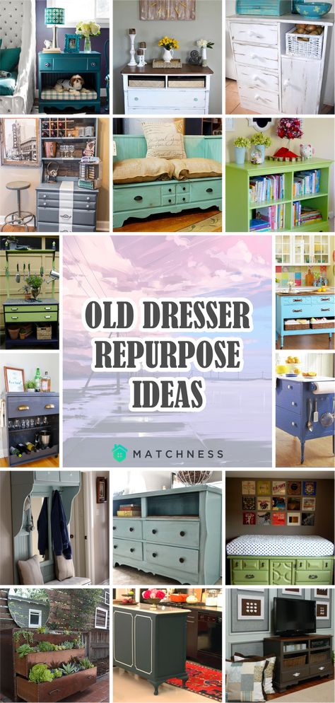 Ideas For Old Dressers Diy Projects, Repurpose Bedroom Furniture, Repurpose A Dresser Diy Ideas, Repurpose Dresser To Tv Stand, Repurposing Old Dressers, Old Dresser Makeover Diy Ideas, Diy Upcycle Dresser Ideas, Recycle Dresser Ideas, Vintage Dresser Repurpose