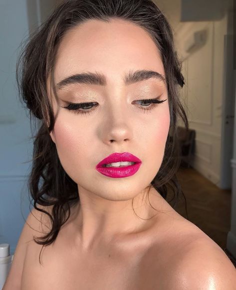 Bold Pink Lip Makeup Looks, Fuchsia Lipstick Makeup Look, Hot Pink Lipstick Outfit, Pink Lipstick Wedding Makeup, Fushia Lips Makeup Looks, Pink Dress Red Lips, Natural Glam Makeup Bold Lip, Bridal Makeup With Pink Lips, Pink Lipstick Bridal Makeup