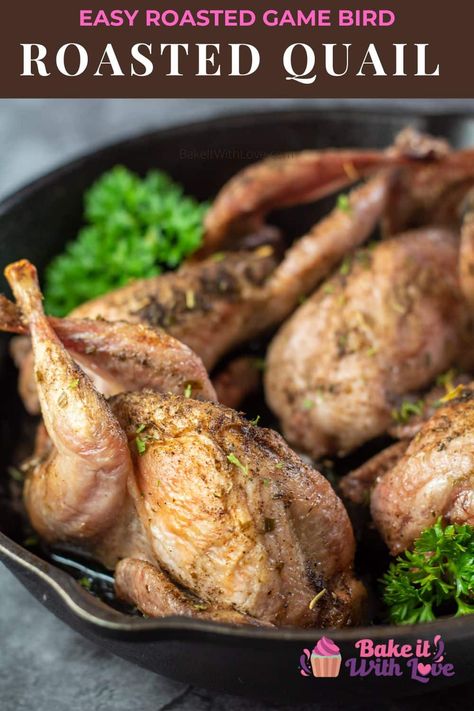 Roasted quail is an incredibly easy and utterly delicious dinner! If you're a hunter or meat aficionado, this is definitely a recipe you'll love to make! This small bird is juicy, flavorful, and so easy to prepare! If you've never tried roasted quail, now is the time! BakeItWithLove.com #bakeitwithlove #quail #roasted #gamemeat #bird #dinner Baked Quail Recipes, Turkey Bag Recipes, Roast Quail Recipes, Roasted Quail, Quail Recipes, Raising Quail, Game Meat, Ovo Vegetarian, Yummy Chicken