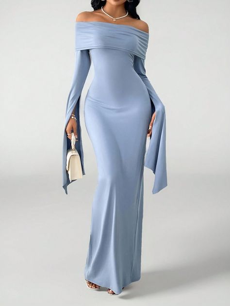 Women's Off-The-Shoulder Pleated Long Sleeve Maxi Dress With Split Hem Blue Party  Extra-Long Sleeve Knitted Fabric Plain Bodycon High Stretch  Women Clothing, size features are:Bust: ,Length: ,Sleeve Length: Fall Bridal Dresses Guest, Winter Wonderland Formal Outfit, Asian Inspired Dress, Formal Dresses With Long Sleeves, Long Classy Dresses, Long Maxi Dress Outfits, Formal Silk Dress, Formal Dresses Long Sleeve, Long Dress With Long Sleeves