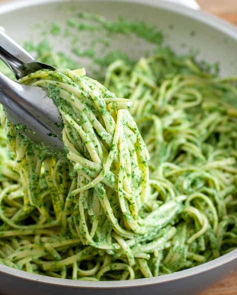 Green pasta sauce Green Spaghetti Recipe, Green Pasta Recipe, Green Pasta Sauce, Green Sauce Recipe, Salad Appetizer Cups, Green Pasta, Green Spaghetti, Pasta Noodle Recipe, Pasta Side Dishes