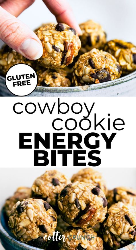 These No Bake Cowboy Cookie Energy Bites are the perfect gluten free breakfast or snack. Made with better-for-you ingredients, they’re everything you love about a freshly baked cowboy cookie in the convenience of no bake energy bites! Vegan option. Energy Oatmeal Bites, Healthy Cookie Bites, Energy Bites Gluten Free, Gluten Free Energy Bars Recipes, No Bake Energy Bites Healthy, Vegan Gluten Free Protein Balls, Energy Cookies Healthy, Monster Cookie Energy Bites, Low Calorie Energy Bites