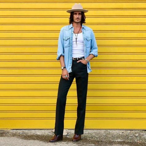 Denim Western Outfit, Dress Jeans Men, Western Belts Outfit, Mens Western Outfits, Western Outfit Men, Hat Men Outfit, Beatle Boots, Army Tank, Western Outfits Men