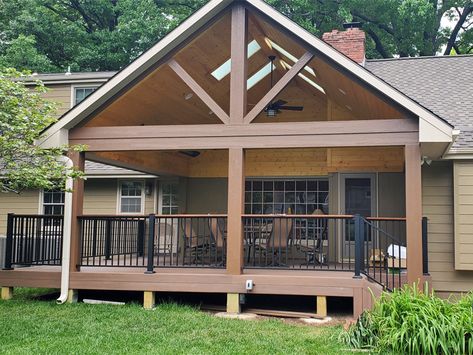 Raised Covered Deck Ideas, Deck Partially Covered, 2 Story Covered Deck Designs, Cathedral Covered Deck, Outdoor Deck Roof Ideas, Back Deck Roof Ideas, A Frame Screened In Porch, Back Porch Additions, Covered Deck Off Back Of House