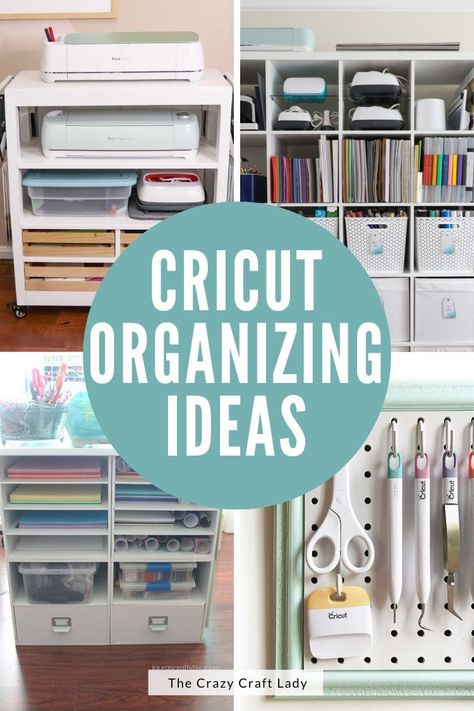 Cricut Crafting Room Ideas, Cricut Organizing Ideas, Small Space Cricut Organization, Cricut Maker Storage Ideas, Cricut And Heat Press Desk, Cricut Dresser Ideas, Cricut Holder Ideas, Craft Room Work Stations, Cricut Supply Storage Organization Ideas