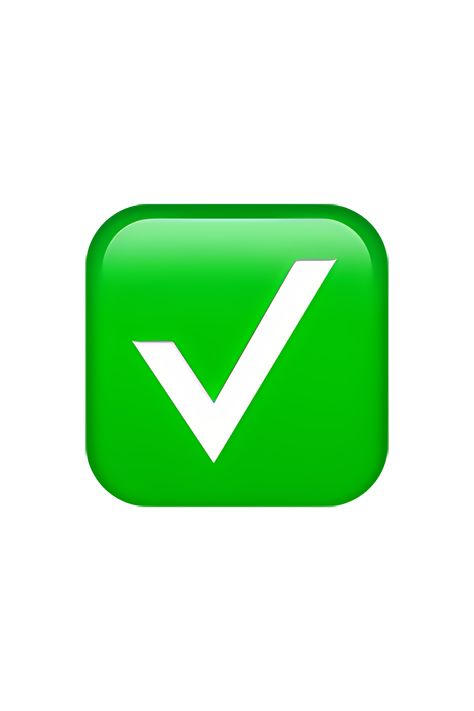 The ✅ Check Mark Button emoji appears as a small, green square with a white check mark in the center. The check mark is positioned at a slight angle, pointing to the right. The edges of the square are rounded, giving it a soft appearance. Ios Emoji Iphone, Pointing Emoji, Check Emoji, Box Emoji, Emoji Ip, Green Emoji, Emojis Iphone, Phone Emoji, Apple Emojis