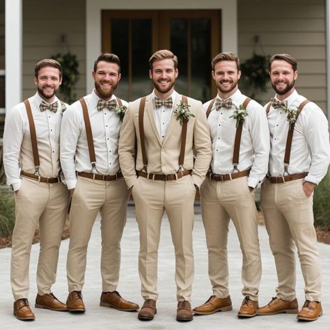 Camo Groomsmen Attire, Light Tan Groomsmen Suits, Groomsmen Khaki Pants, Groomsmen Suspenders And Bowties, Tan Groomsmen Suits, Tan Groomsmen, Rustic Groomsmen Attire, Brown Groomsmen, Groomsman Attire