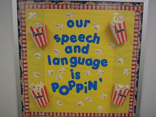 Popcorn Bulletin Board, Speech Classroom Decor, Speech Bulletin Boards, Speech Teacher, School Speech Therapy, Speech Language Activities, Slp Activities, School Slp, Back To School Bulletin Boards