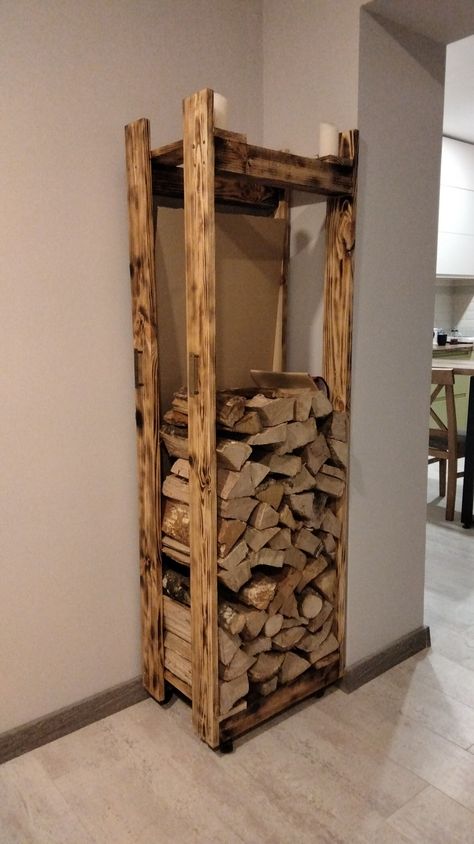 Diy Wood Holder Indoor, Storage For Firewood Inside, Store Firewood Inside, Indoor Wood Storage Ideas Firewood Rack, Firewood Shelf Indoor, Wood Storage Indoor Firewood Rack, Diy Indoor Wood Stove, Inside Wood Storage, Wood Stacking Ideas Indoor