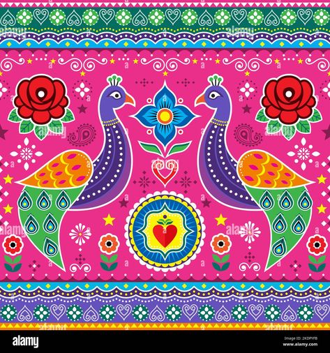 Download this stock vector: Pakistani and Indian truck art seamless vector design with peacocks, hearts and roses, decorative bird floral vibrant pattern - 2KDPYFB from Alamy's library of millions of high resolution stock photos, illustrations and vectors. Indian Truck Art, Pakistani Truck Art, Indian Truck, Truck Art Pakistan, Pakistani Truck, Pakistan Art, Pakistani Art, Image Vintage, Hearts And Roses