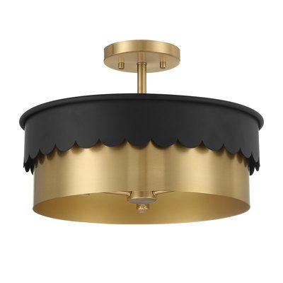 Add a touch of whimsy to your home decor with this 3-light ceiling semi-flush mount, featuring playful scalloped detailing on the classic drum-style shade. It is available in two different finishes to match your style. The light measures 10.5" in height and 16" in width, making it a great size for various spaces. It uses three candelabra-size bulbs with a maximum of 60 watts per bulb (not included). Shade Color: Matte Black/Natural Brass | Birch Lane™ Dulcia 3-Light Ceiling Light In White & Natu Black Semi Flush Ceiling Lights, Semi-flush Mount Lights, Park Lighting, Deco Luminaire, Flush Mount Lights, Cottage Life, Semi Flush Mount Lighting, Light Ceiling, Flush Ceiling Lights