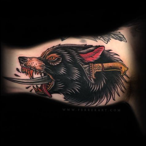 Neo Traditional Inner Bicep Tattoo, American Traditional Inner Bicep Tattoo, Neo Traditional Tattoo Men, Inner Bicep Traditional Tattoo, Neo Traditional Wolf Tattoo Design, Upper Arm Traditional Tattoo, American Traditional Bicep Tattoo, Dark American Traditional Tattoo, Neo Trad Wolf