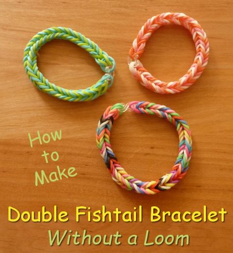 How to make a double fishtail rubber band loom bracelet without a loom and using your fingers full photo craft tutorial step by step How To Make Rubberband Bracelets, Rubber Band Bracelet Fishtail, Double Fishtail Rainbow Loom, Diy Rubber Band Bracelet Without Loom, Loom Fishtail Bracelet, Fishtail Rainbow Loom Tutorial, Fishtail Bracelet Tutorial Loom Bands, Rainbow Rubber Band Bracelet, Bandaloom Bracelets Tutorials