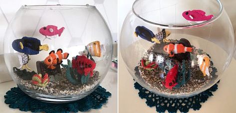 PlanetJune Stories: Dorte's Fishbowl | PlanetJune by June Gilbank: Blog Crochet Fish Bowl, Glass Fish Bowl, Crochet Fish, Coral Pattern, Fish Patterns, Bed Bugs, Crafts To Make And Sell, Clown Fish, Colorful Fish